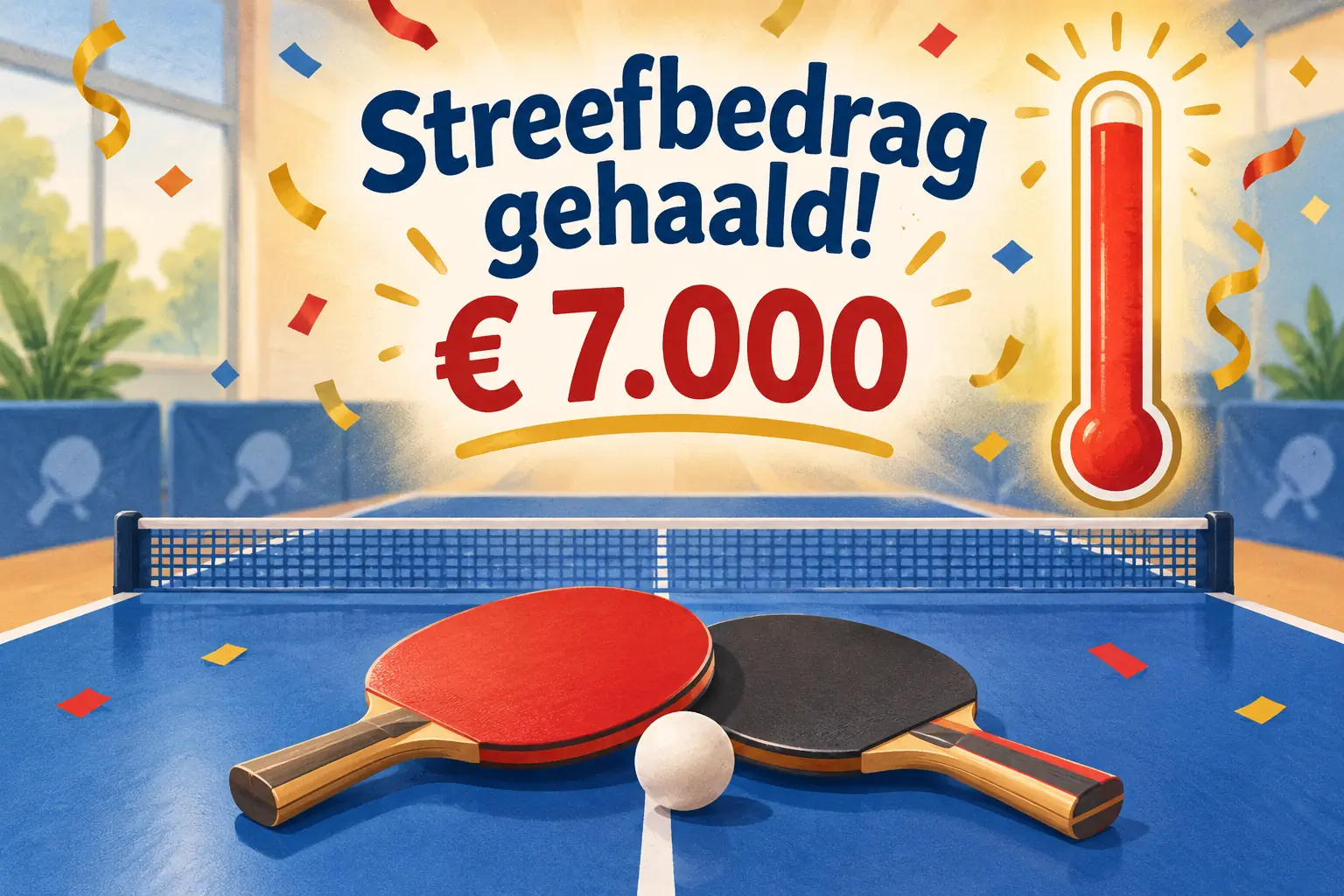 Feestelijke illustratie met tafeltennisbatjes, confetti en de tekst: Streefbedrag gehaald! € 7.000.